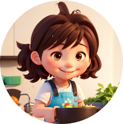 Yumi wearing blue apron holding brown salad bowl