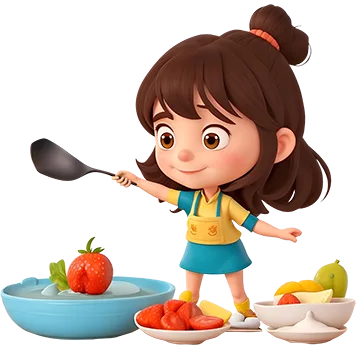 Yumi holding a spatula surrounded by fruits